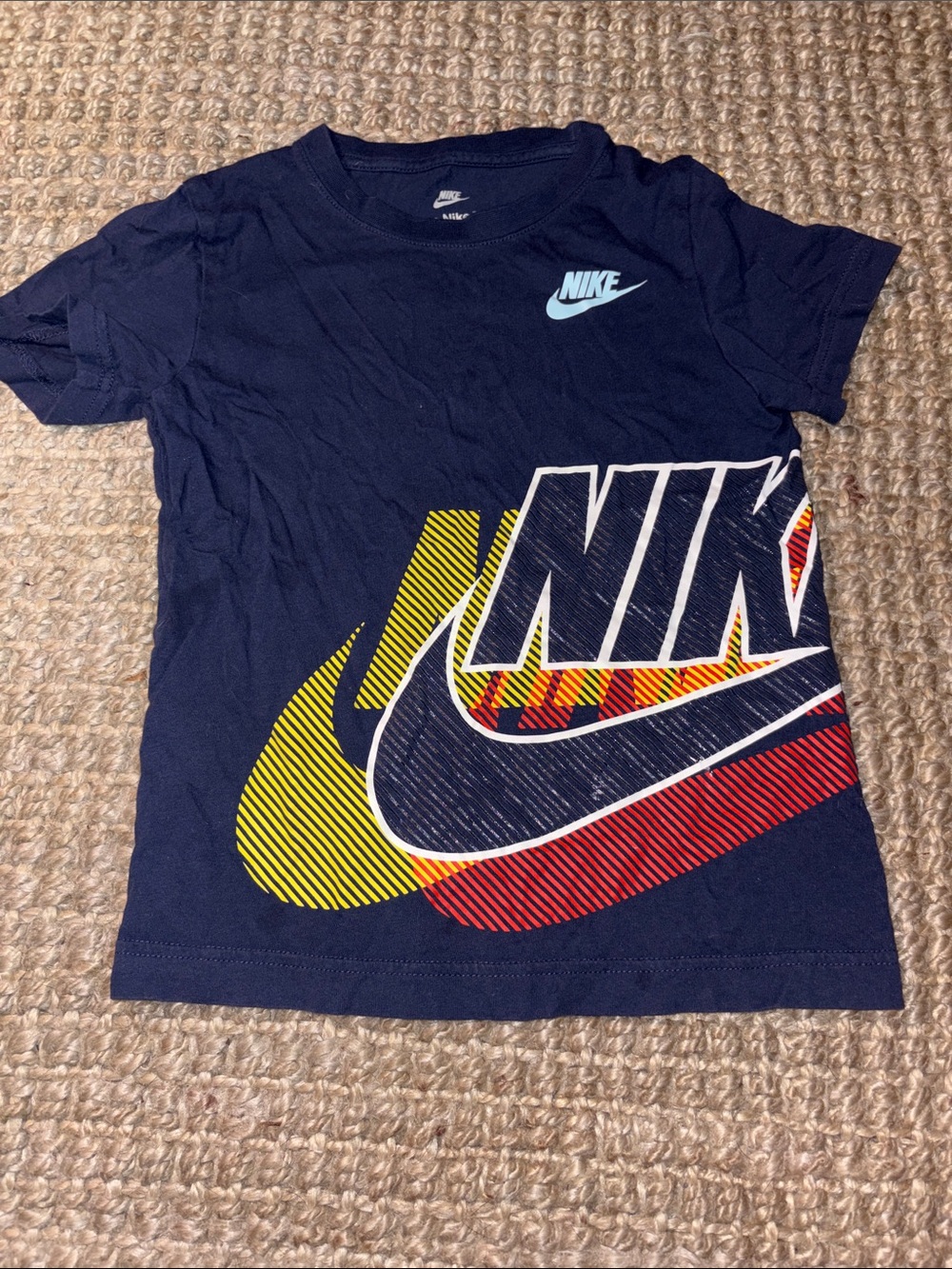 Nike Kids Navy Tee with Yellow & Red Graphic Swoosh